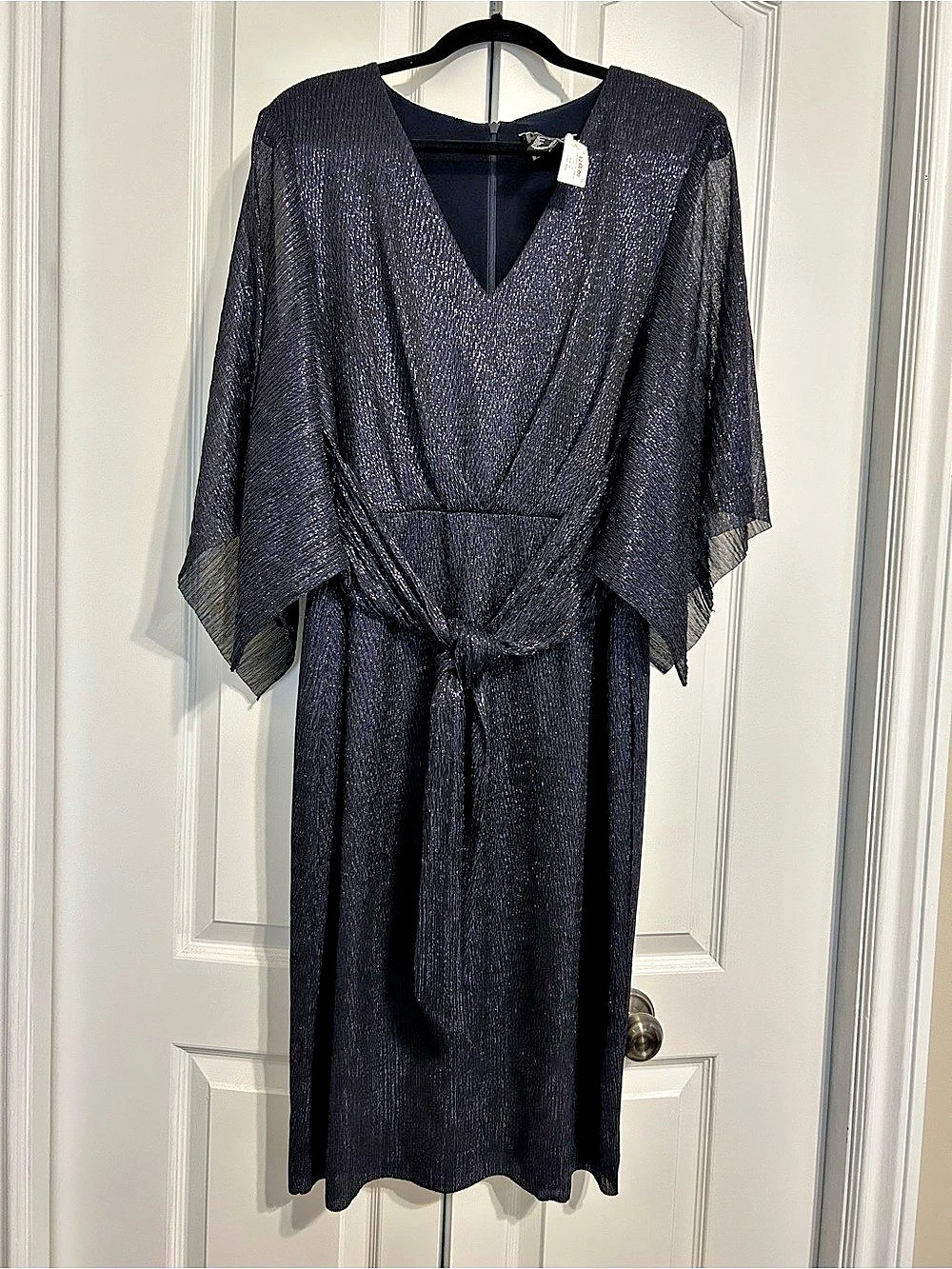 Joseph Ribkoff Tie Front Draped Sleeve Shimmer Dress navy blue